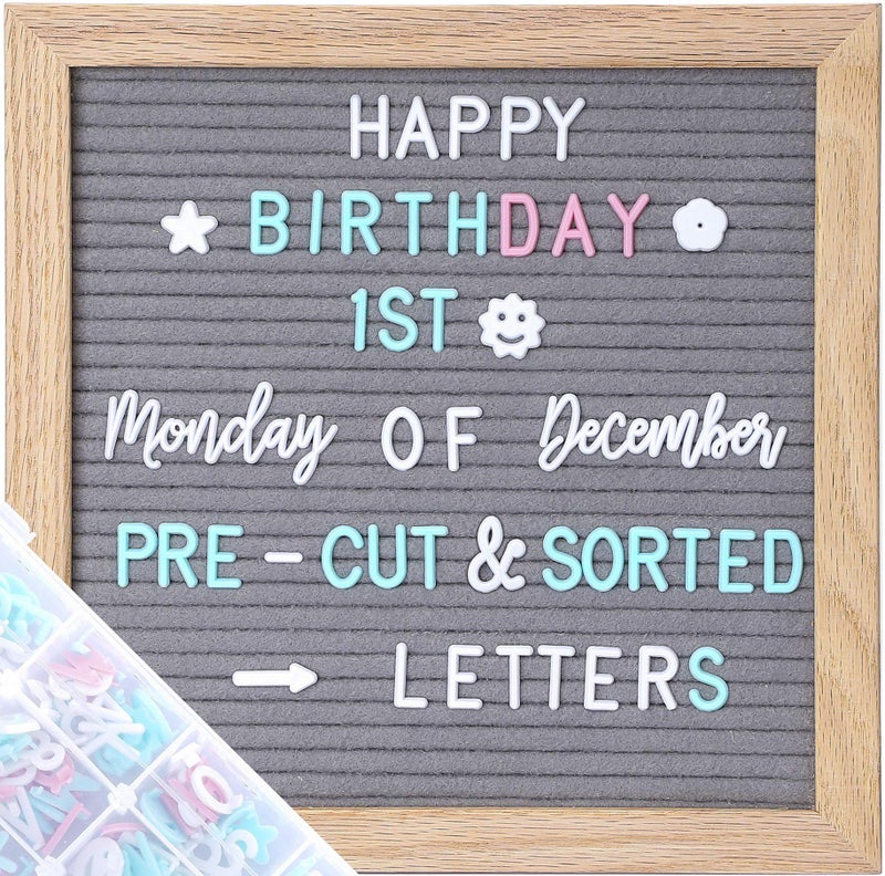 G GAMIT Felt Letter Board Message Board 10x10inch with Stand,Pre-cut&Sorted 805pcs White,Blue&Pink Changeable Letters+Weeks &Months Cursive Words,Word board Sign board with Sorting Tray&Gift Box(Gray) - Image 1